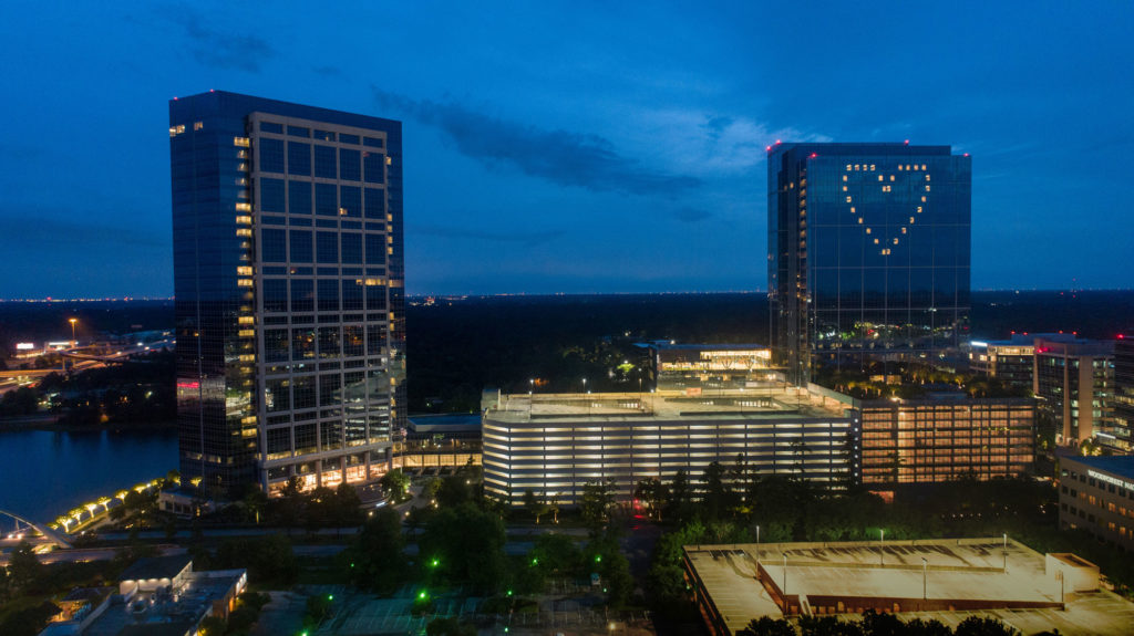 The Woodlands Towers Lights Up Night Sky with Message of Gratitude